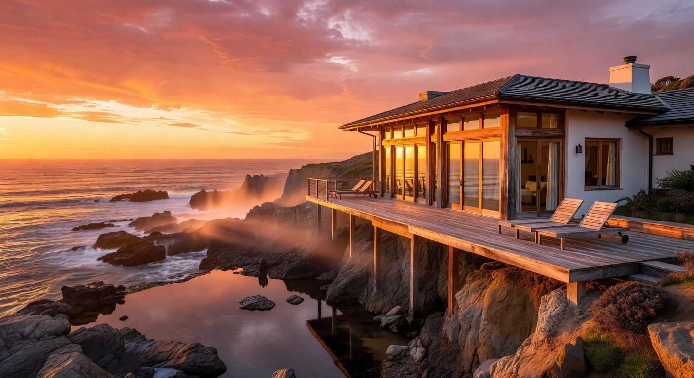Beautiful coastal home at sunset with warm lighting