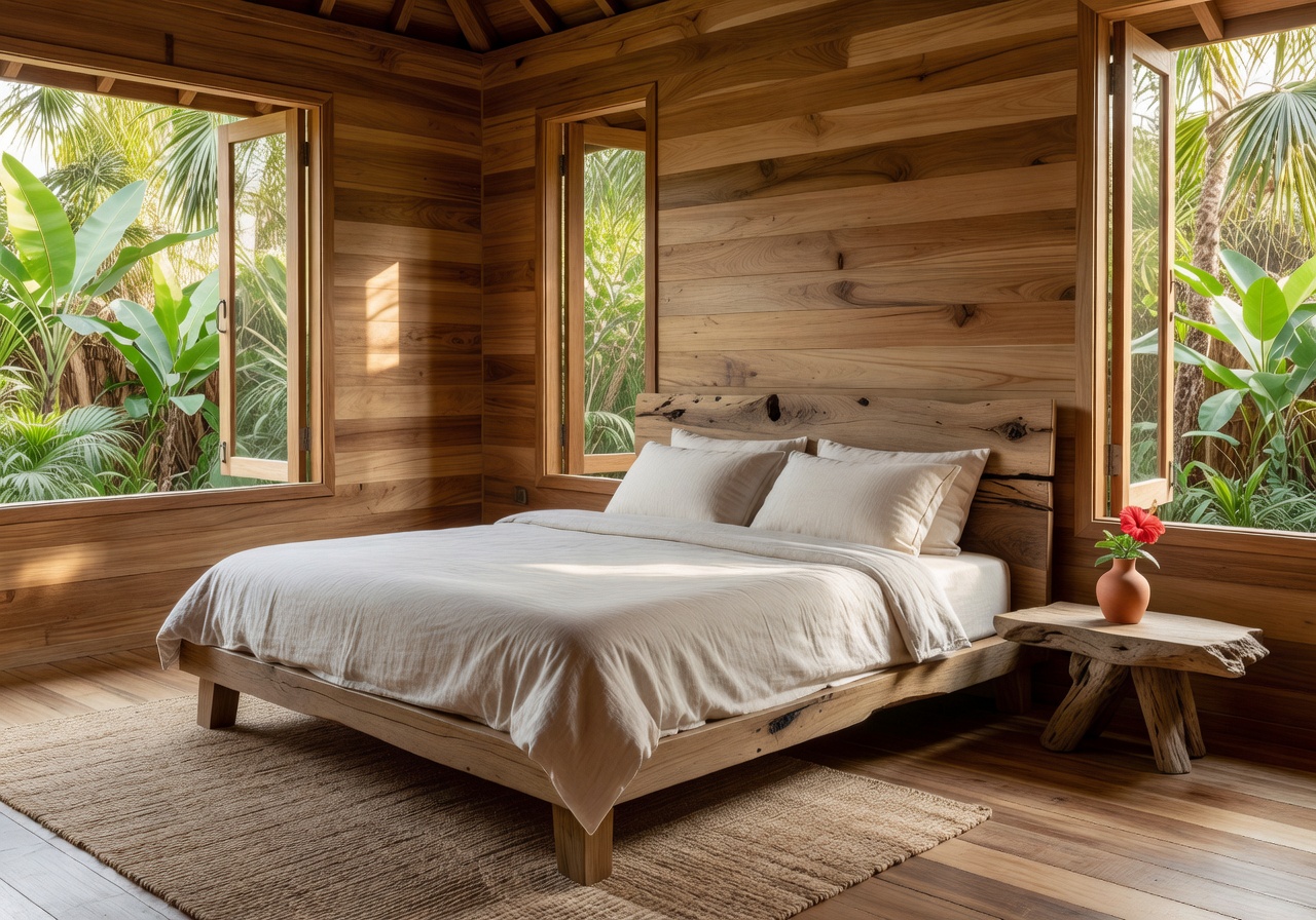 Garden Villa bedroom with natural wood accents