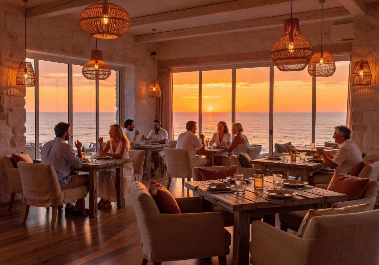 Warmly lit coastal restaurant interior at sunset